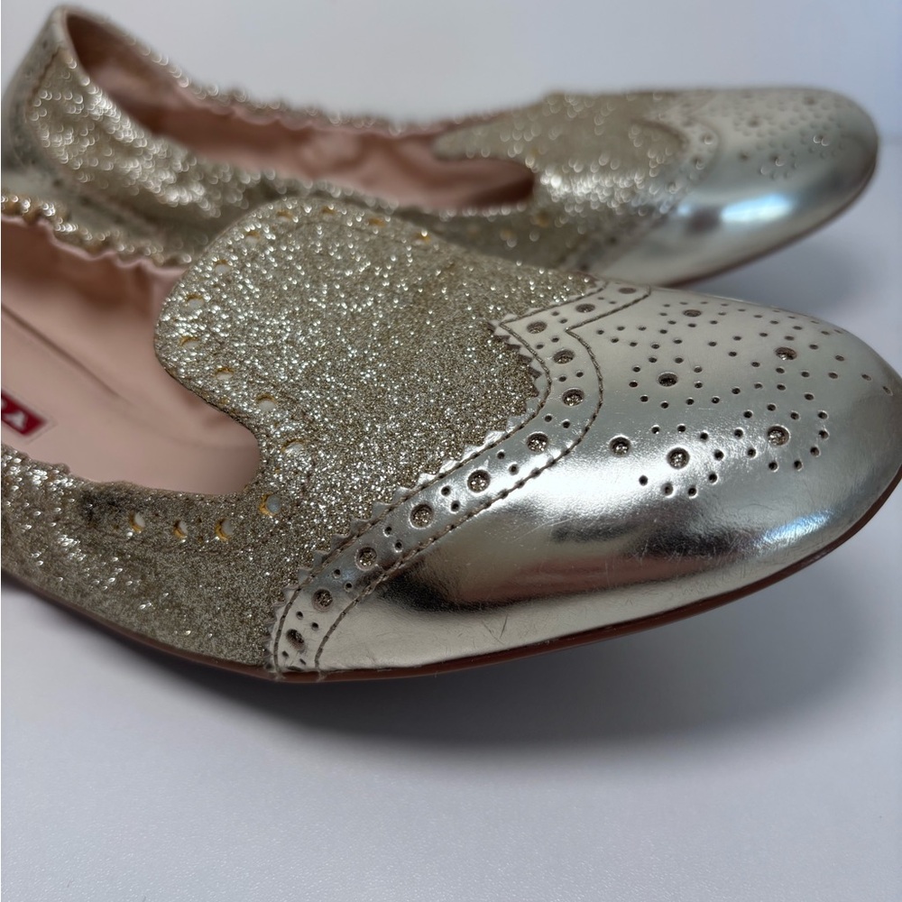PRADA Round Toe Gold Glitter Metallic Oxford Slip On Ballerina Flats Size 39 EU - Picture 3 of 15